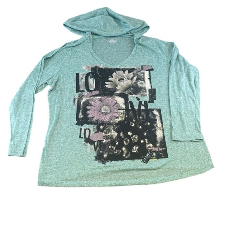 Lane Bryant Women Hoodie Polyester Linen 18/20 Heather Green Floral Graphic Top‎